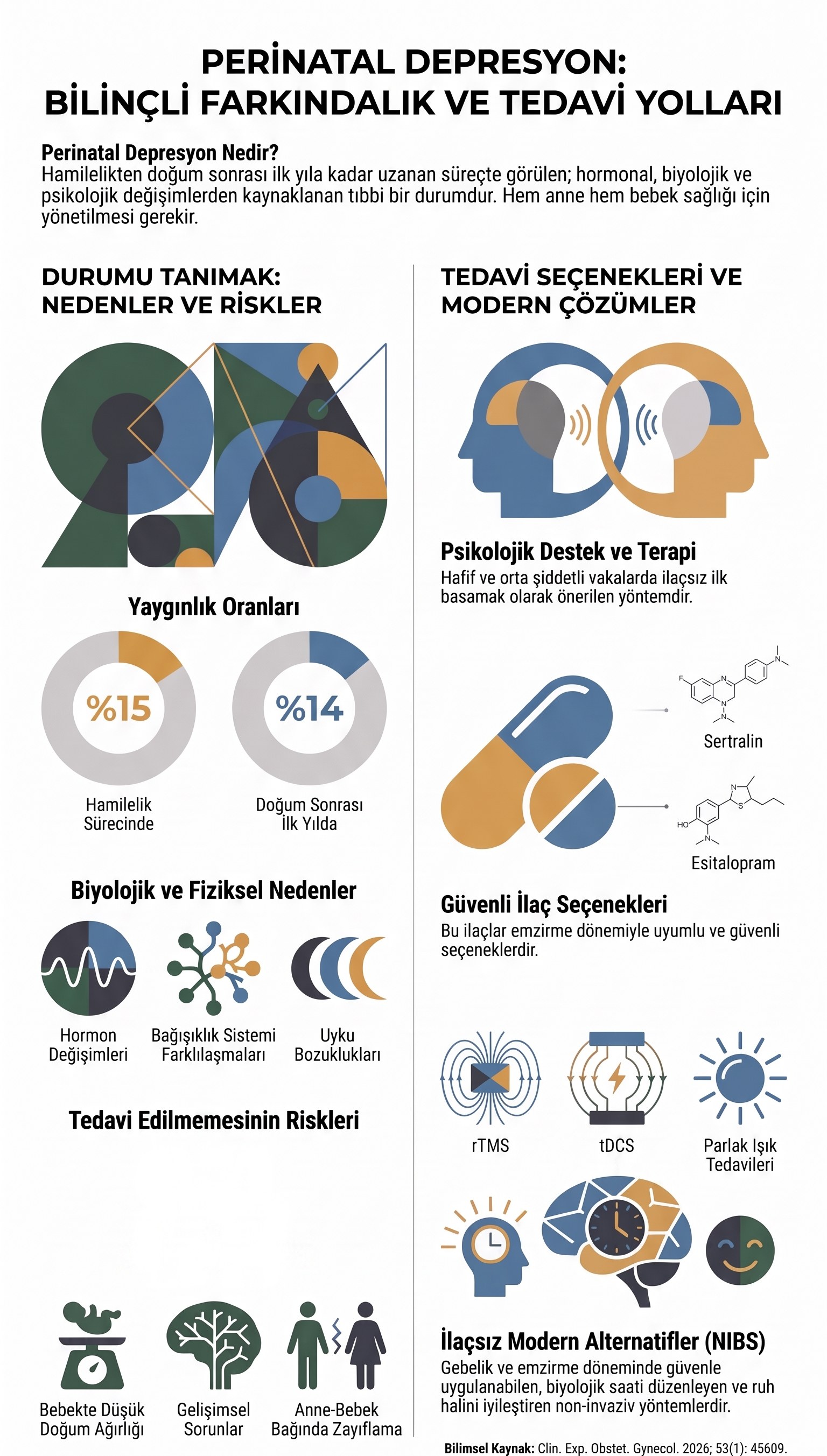 Perinatal depresyon infografiği: gebelikte %15, doğum sonrası ilk yılda %14 yaygınlık; hormon değişimleri, bağışıklık sistemi farklılaşmaları ve uyku bozuklukları gibi biyolojik nedenler; tedavi edilmediğinde bebekte düşük doğum ağırlığı, gelişimsel sorunlar ve anne-bebek bağında zayıflama riskleri; psikolojik destek ve terapi, ilaç seçenekleri ve rTMS, tDCS, parlak ışık tedavisi gibi ilaçsız yöntemler.